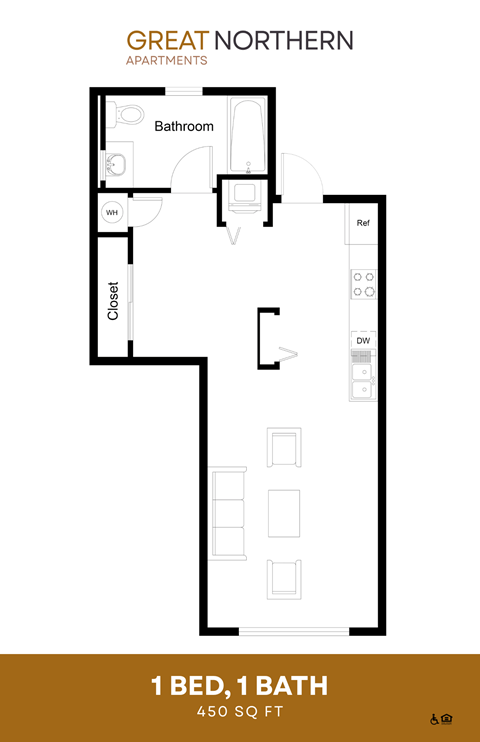 Floor plan for 1 bed, 1 bath, 450 sqft
